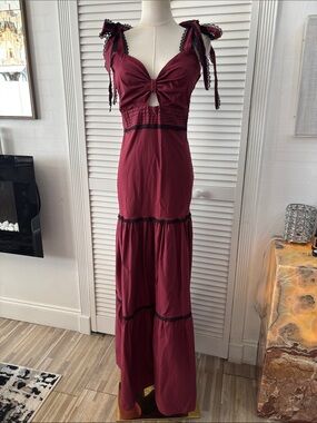 Especia Women's Burgundy Tie-Shoulder Maxi Dress with Lace Trim, L